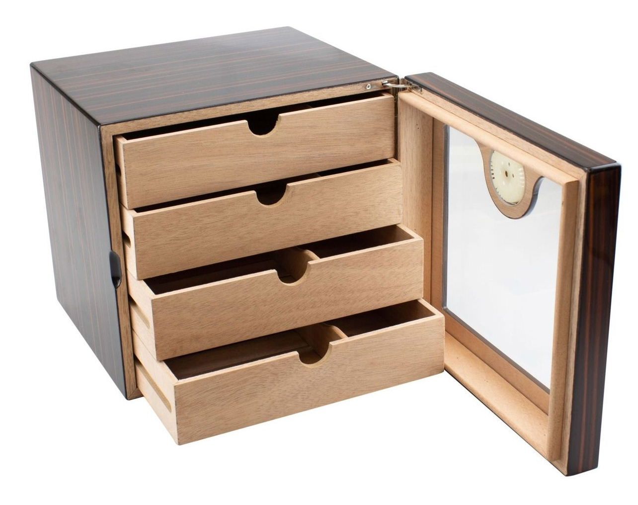 H83 humidor kabinet Teak high gloss afwerking met 4 laden en hygrometer van buitenzijde afleesbaar. 100 sigaren - verkoop via www.oldjohn-humidors.nl