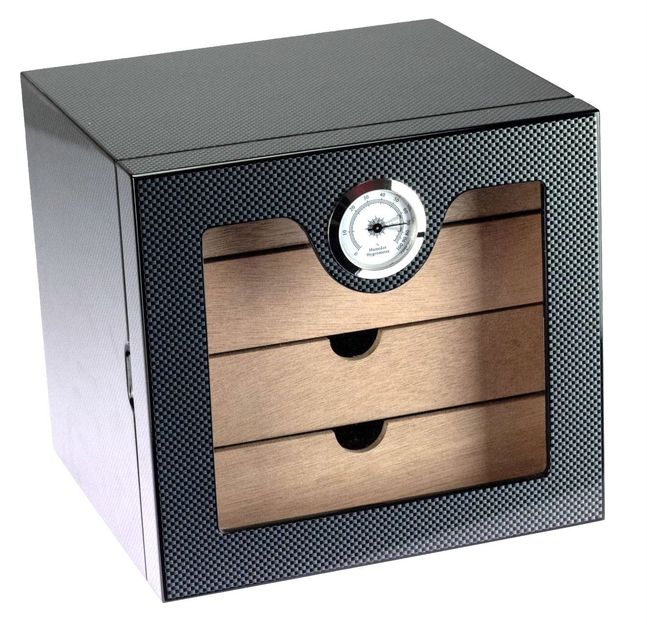 H84 humidor kabinet carbon high gloss met 4 laden en hygrometer aan buitenzijde afleesbaar. 100 sigaren verkoop via www.oldjohn-humidors.nl