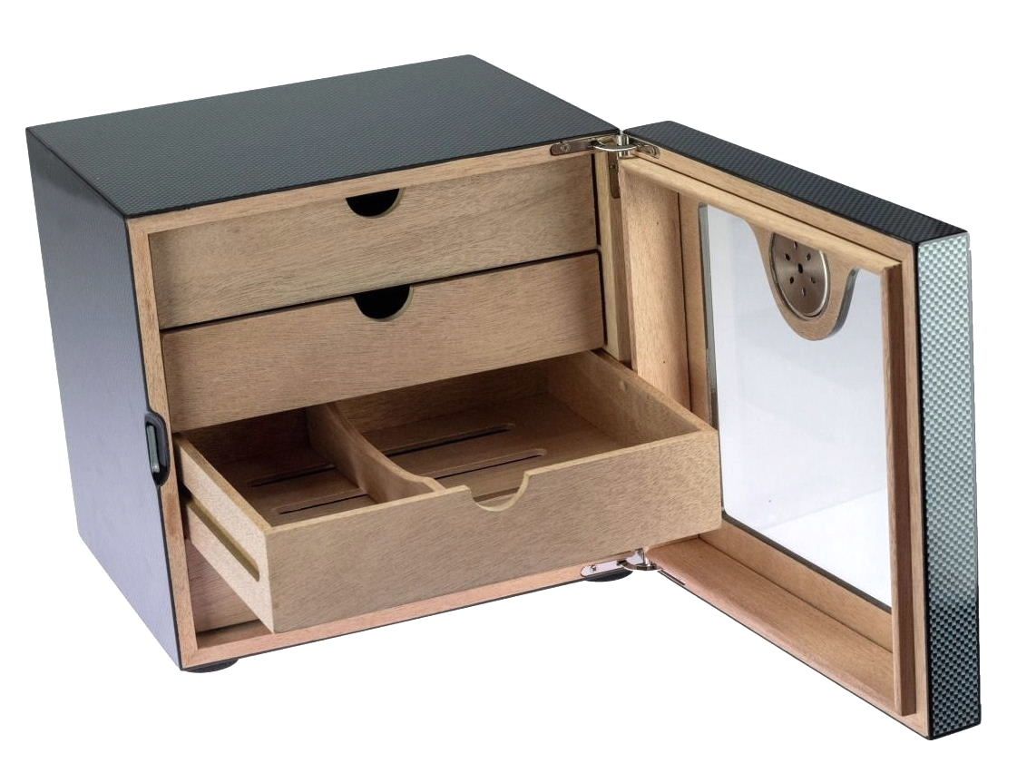 H84 humidor kabinet carbon high gloss met 4 laden en hygrometer aan buitenzijde afleesbaar. 100 sigaren - verkoop via www.oldjohn-humidors.nl