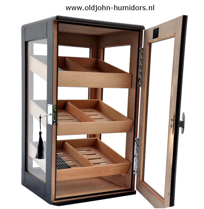 H96bl humidor kabinet vitrine royaal DIGITAAL zwart met 3 schappen en slot groot 150 sigaren - verkoop via www.oldjohn-humidors.nl via www.oldjohn-humidors.nl