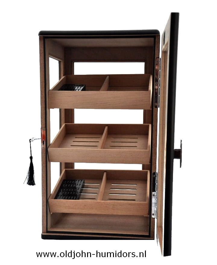 H96bl humidor kabinet vitrine royaal DIGITAAL zwart met 3 schappen en slot groot 150 sigaren - verkoop via www.oldjohn-humidors.nl