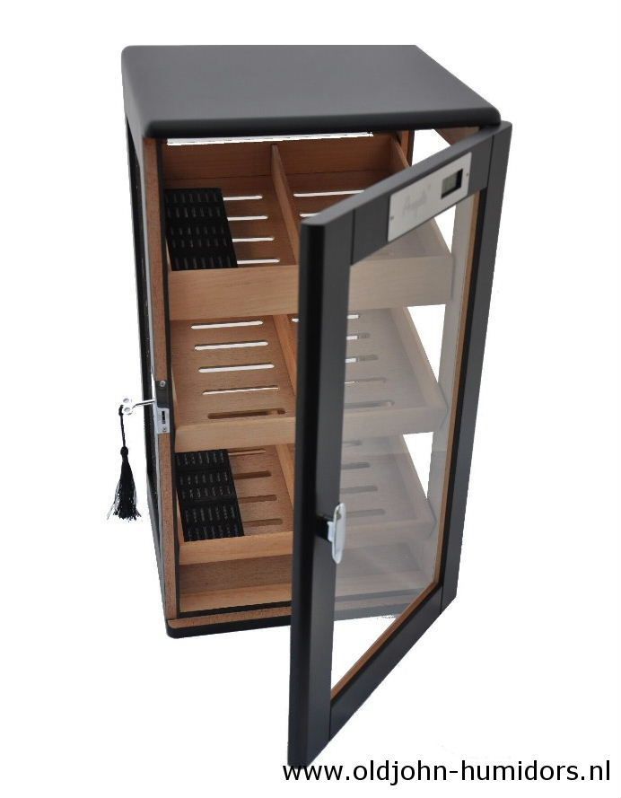 H96bl humidor kabinet vitrine royaal DIGITAAL zwart met 3 schappen en slot groot 150 sigaren - verkoop via www.oldjohn-humidors.nl