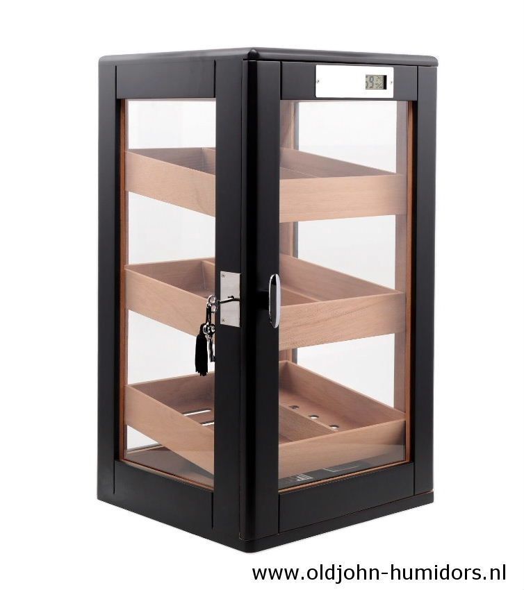 H96bl humidor kabinet vitrine royaal DIGITAAL zwart met 3 schappen en slot groot 150 sigaren - verkoop via www.oldjohn-humidors.nl