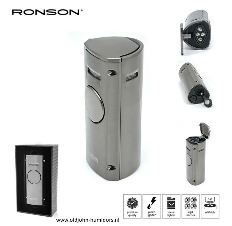 RO4: Ronson Volcano 4 x Jetflame aansteker + Sigarenboor Gun Metal