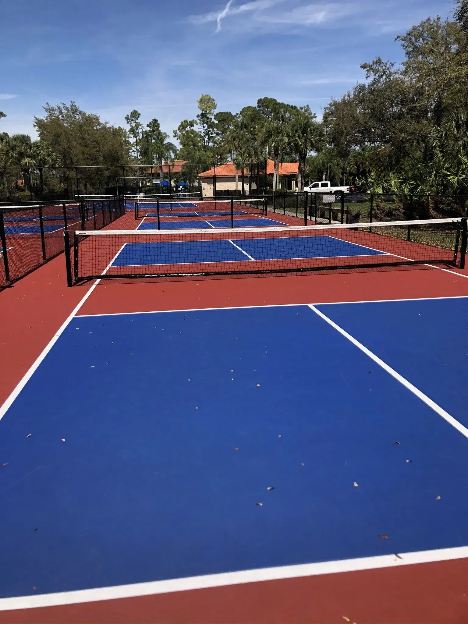 Blue and red pickleball courts with nets outdoors under a sunny sky