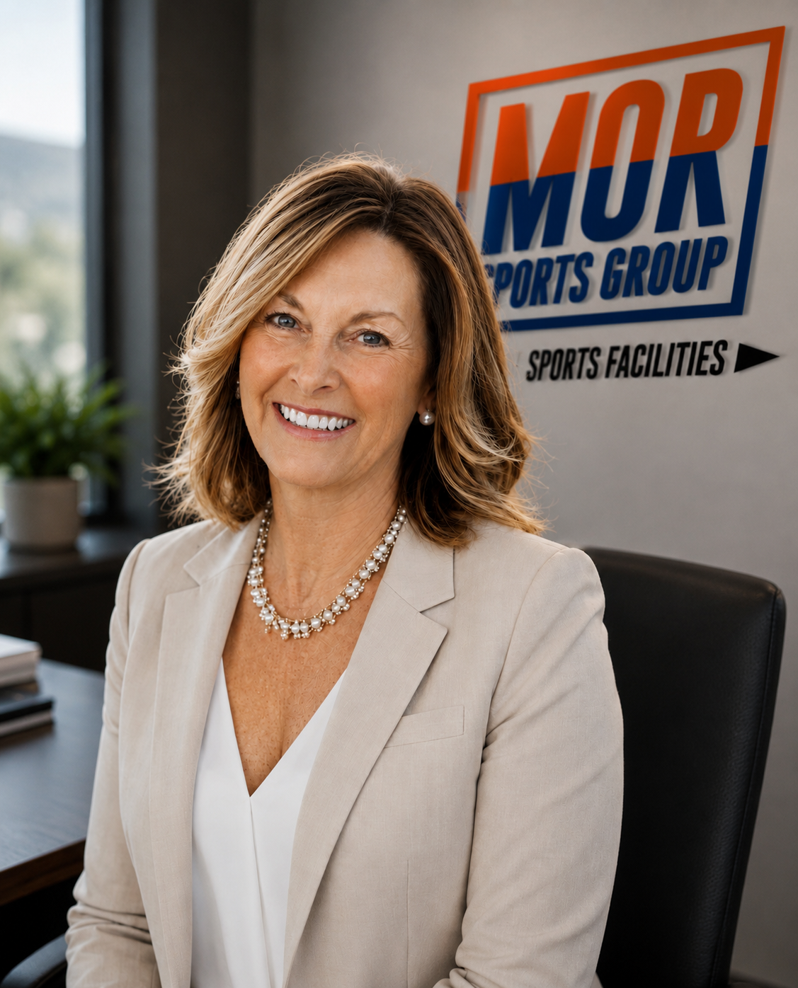 Smiling woman in beige blazer seated in office, with MOR Sports Group sign in background