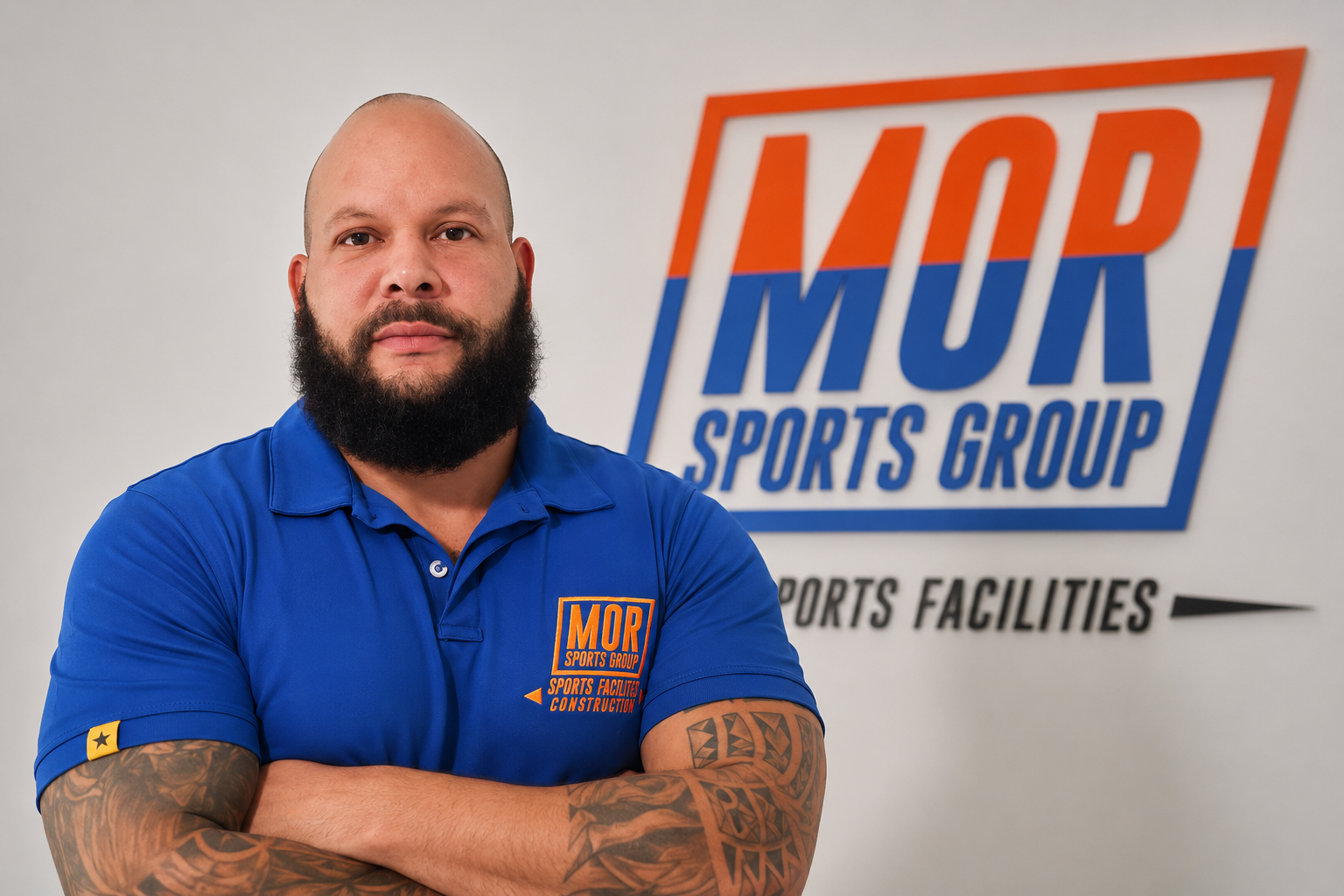 Gabriel Ortuno - Man in blue polo standing before Mor Sports Group and Sports Facilities logo wall