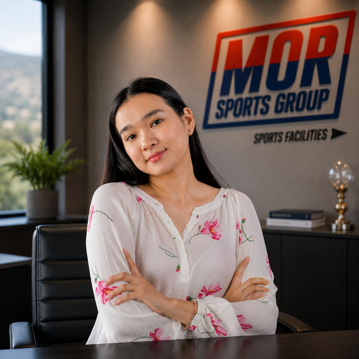 Irren Ma - Woman seated in an office, smiling with arms crossed, with MOR Sports Group sign in the background