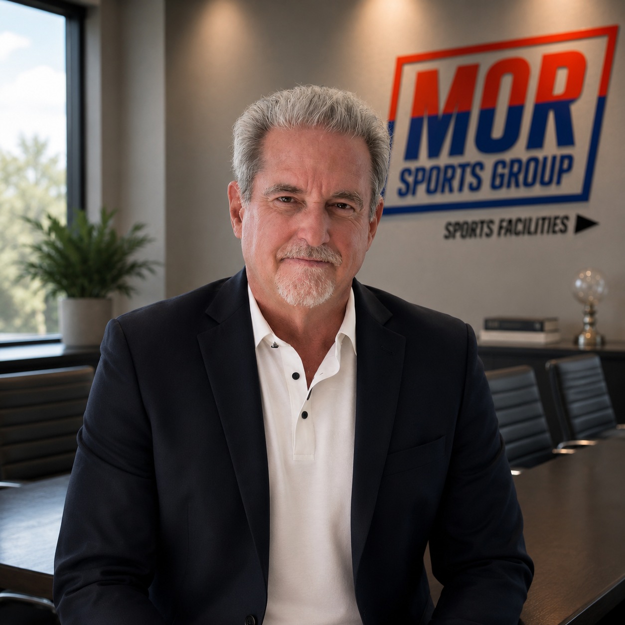 Man seated in an office with a MOR Sports Group sign in the background.