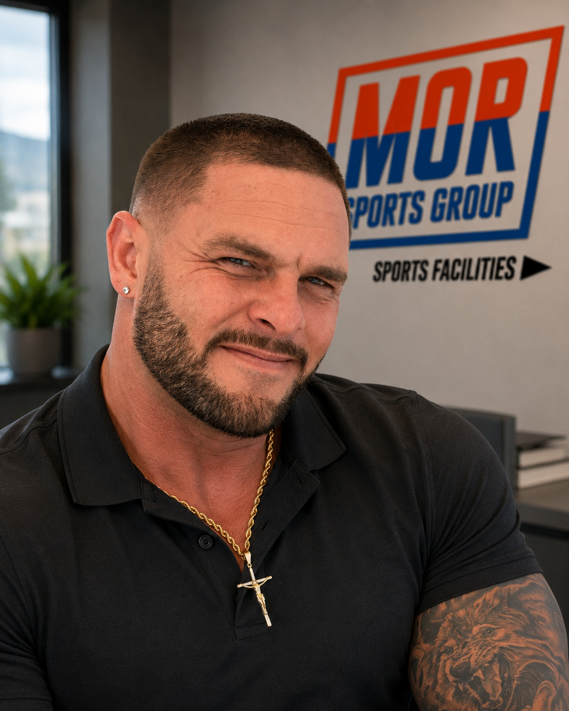 Man in black polo shirt smiling in office, with MOR Sports Group Sports Facilities sign behind him