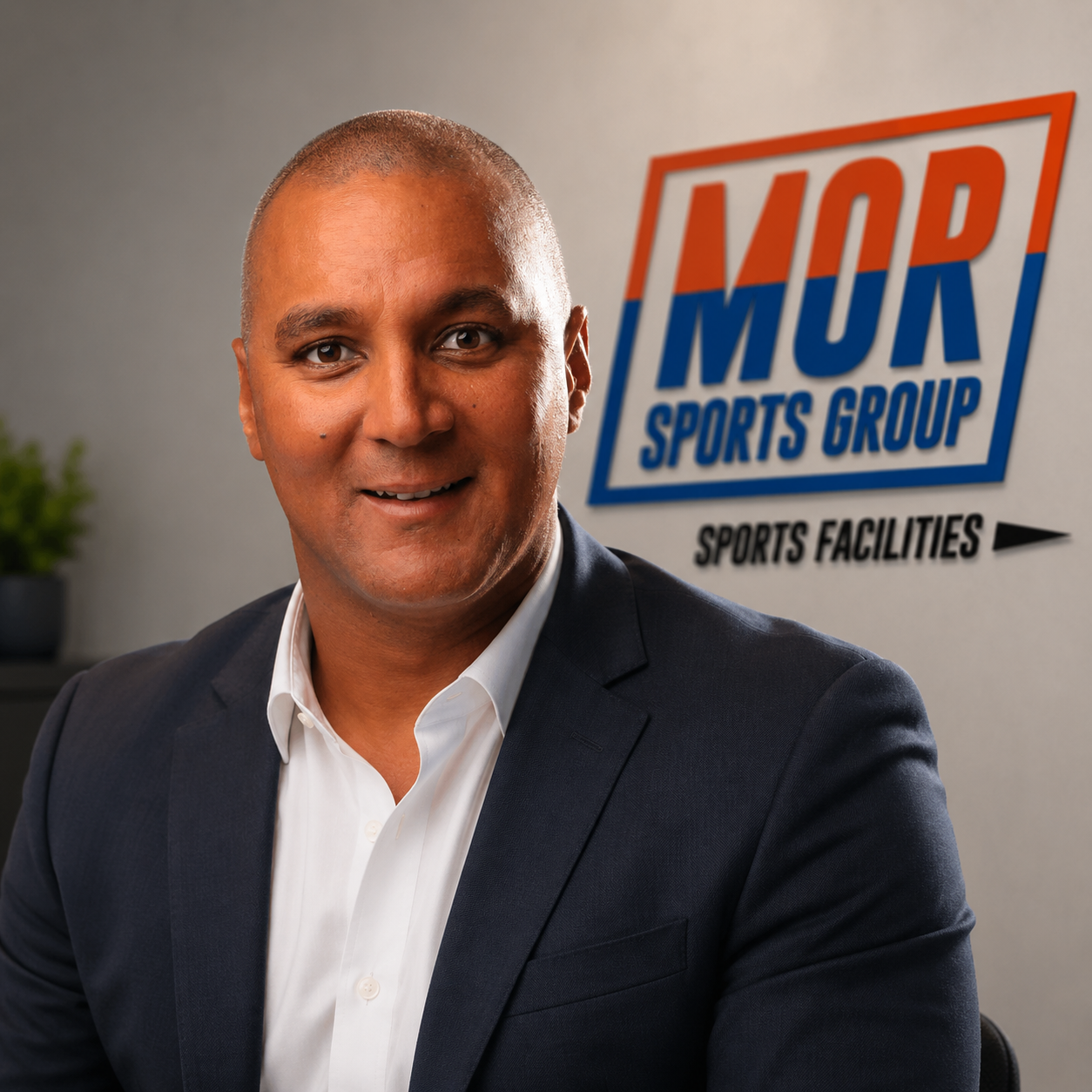 Nick Blackwood - Portrait of a smiling person in a navy suit beside a MOR Sports Group sign