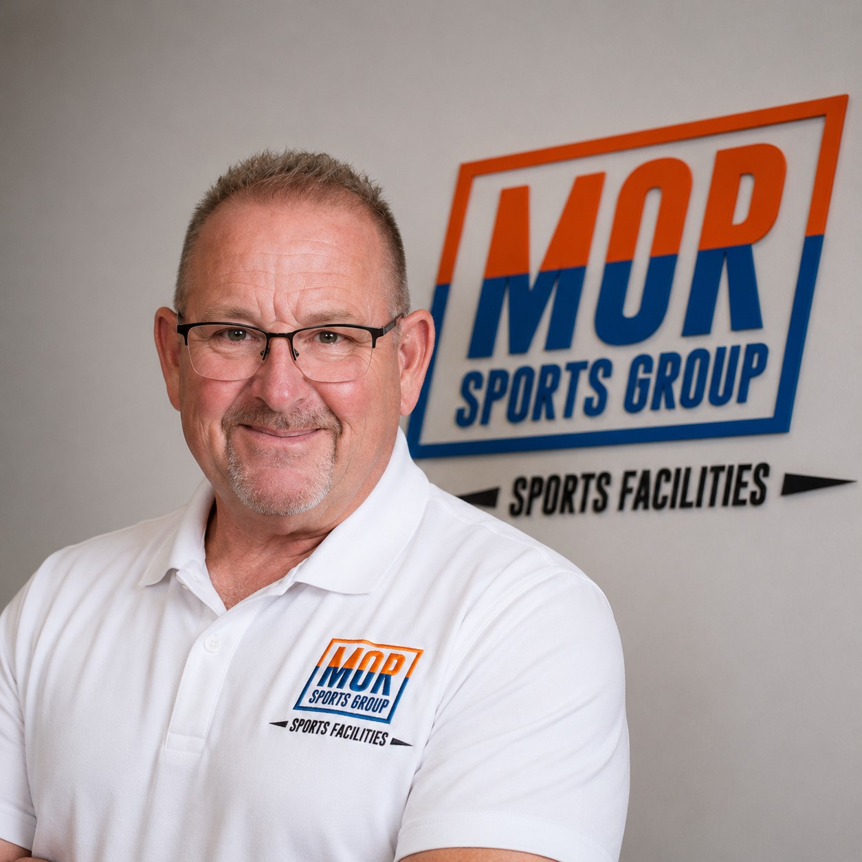 Steve Laipply - Portrait of a smiling man in a white polo beside a MORI Sports Group logo backdrop