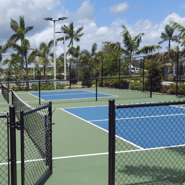 Empty outdoor tennis courts with blue and green surfaces, surrounded by palm trees and a chain-link fence.