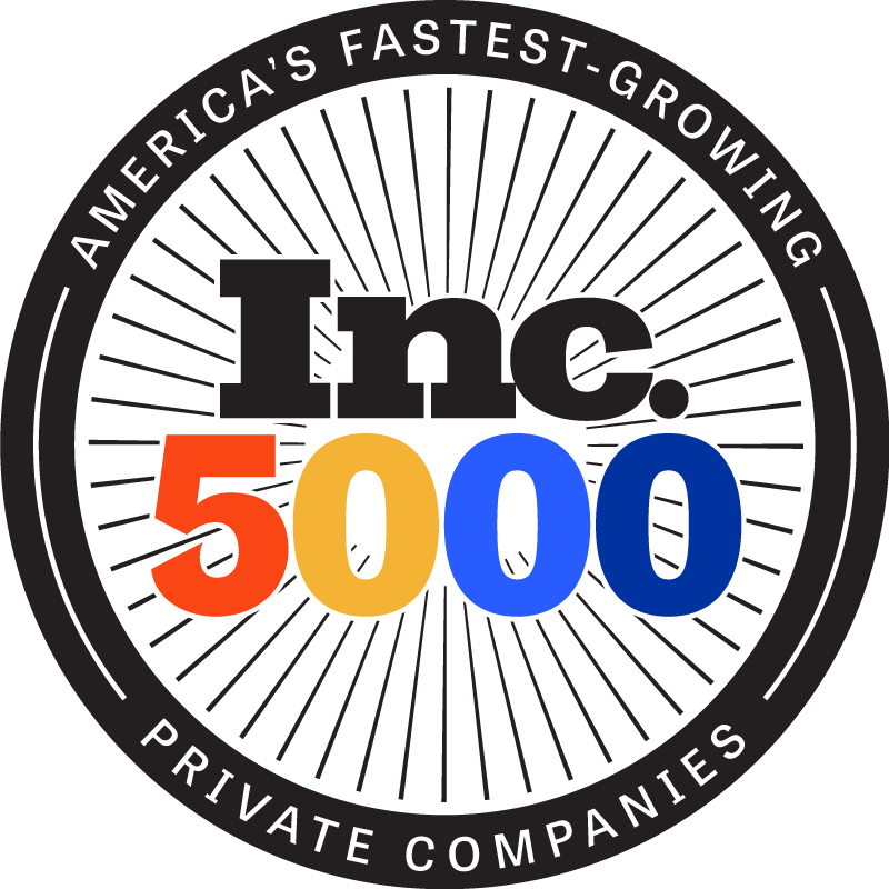 Inc. 5000 logo with red, orange, and blue text inside a black circular seal with radiating lines