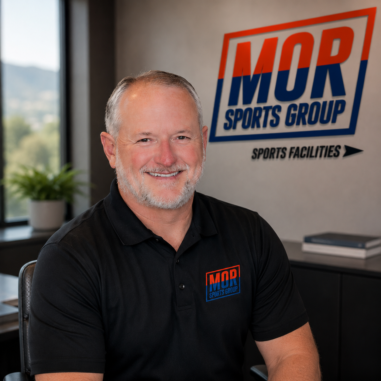 John Atwood - Smiling man in black polo shirt beside MDI Sports Group logo in an office