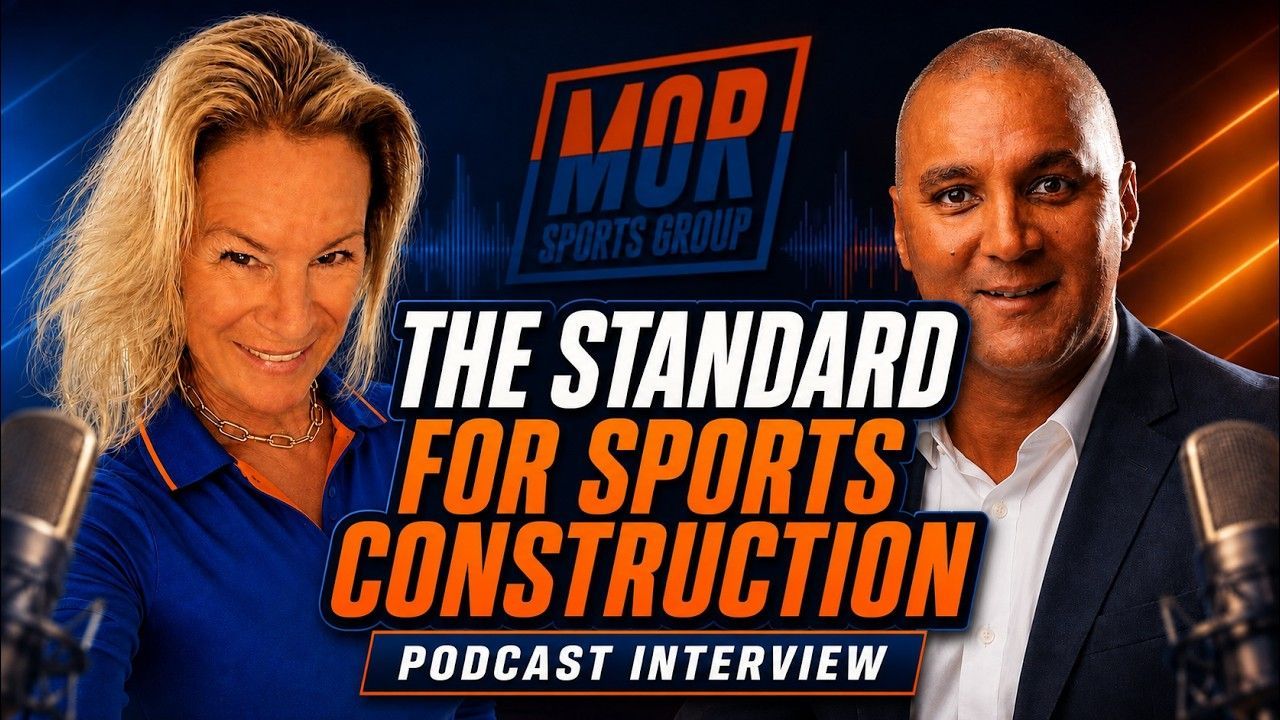 Podcast interview graphic with two speakers and bold text: “The Standard for Sports Construction”