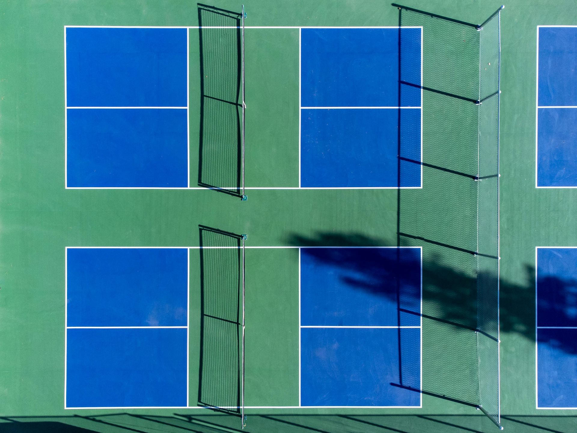 Blue apartment windows on a green building facade with shadows and balconies.