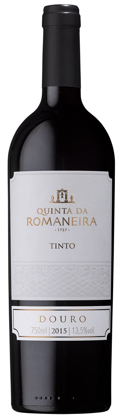 Bottle of Quinta da Romaniera Tinto wine. Label with the name, vintage 2013, and Douro region.