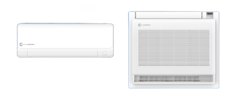 White wall-mounted air conditioner shown front and side views on a white background White wall-mounted air conditioner shown front and side views on a white background
