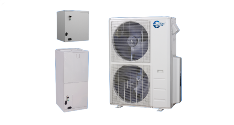 White wall-mounted HVAC units and a larger outdoor condenser with dual fans on a white background White wall-mounted HVAC units and a larger outdoor condenser with dual fans on a white background