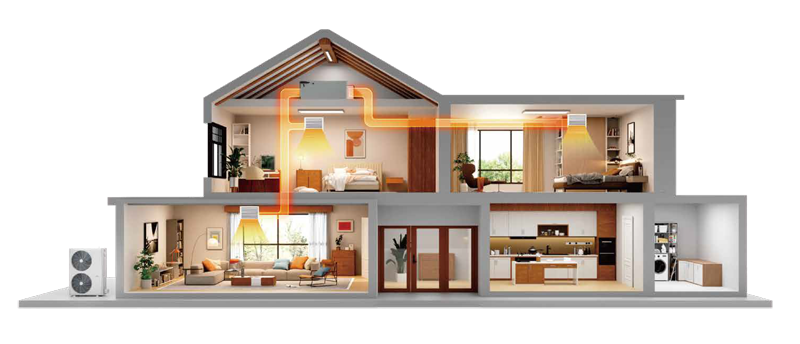 Cutaway of a modern two-story house interior with furnished rooms and visible floor plan. Cutaway of a modern two-story house interior with furnished rooms and visible floor plan.