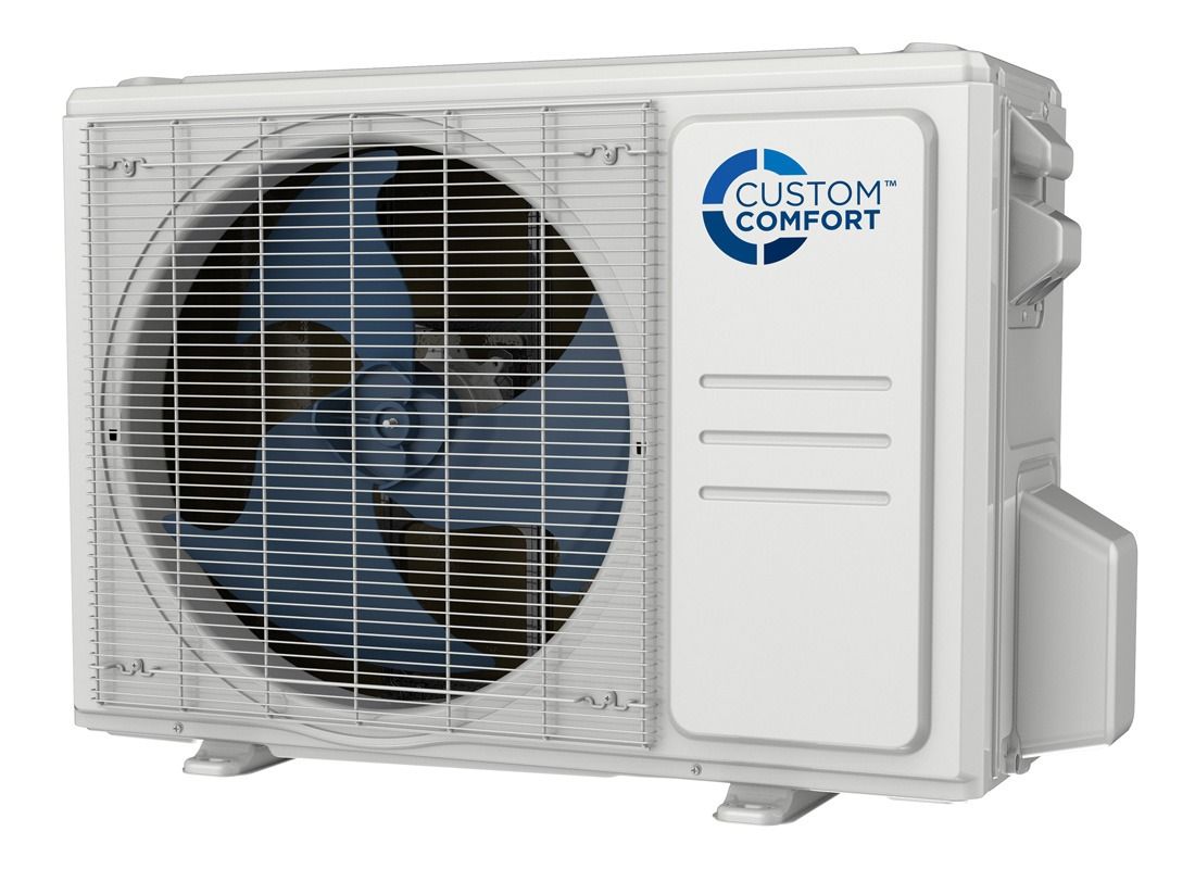 White Custom Comfort outdoor air conditioner condenser unit with large fan grille White Custom Comfort outdoor air conditioner condenser unit with large fan grille