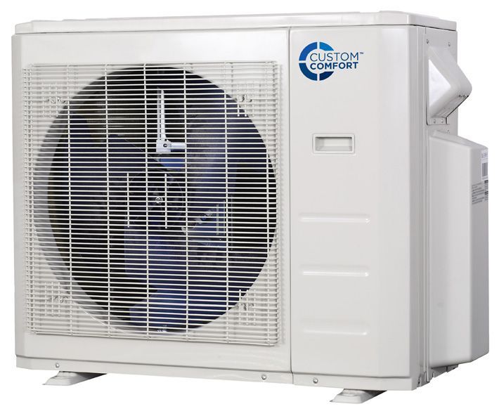 A white, rectangular outdoor HVAC condenser unit with a large circular fan grille and Custom Comfort branding. A white, rectangular outdoor HVAC condenser unit with a large circular fan grille and Custom Comfort branding.
