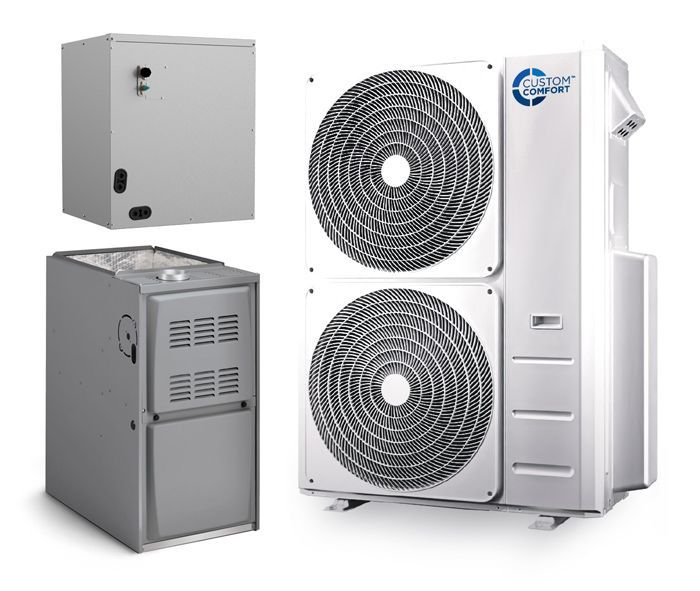 A gray HVAC system featuring an outdoor heat pump unit, an indoor furnace, and an evaporator coil assembly. A gray HVAC system featuring an outdoor heat pump unit, an indoor furnace, and an evaporator coil assembly.