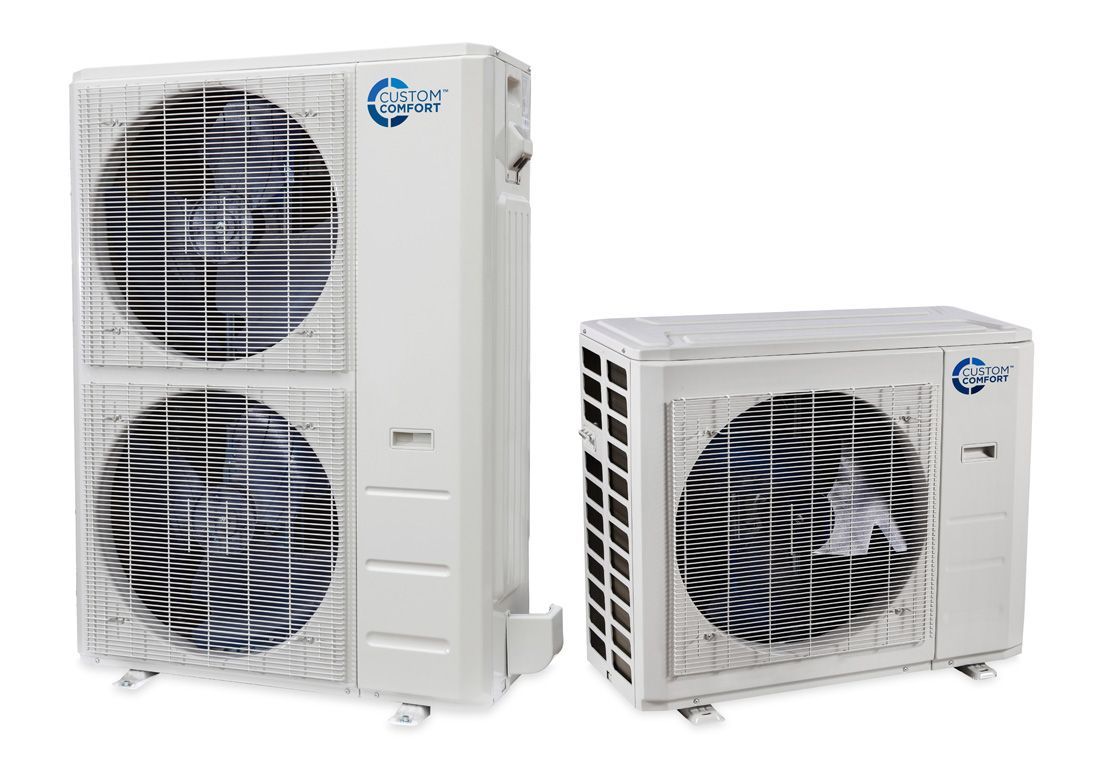 Two white outdoor HVAC condenser units, one tall with dual fans and one smaller with a single fan, against a white background. Two white outdoor HVAC condenser units, one tall with dual fans and one smaller with a single fan, against a white background.