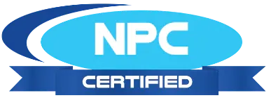 Blue and white NPC Certified logo with a banner ribbon