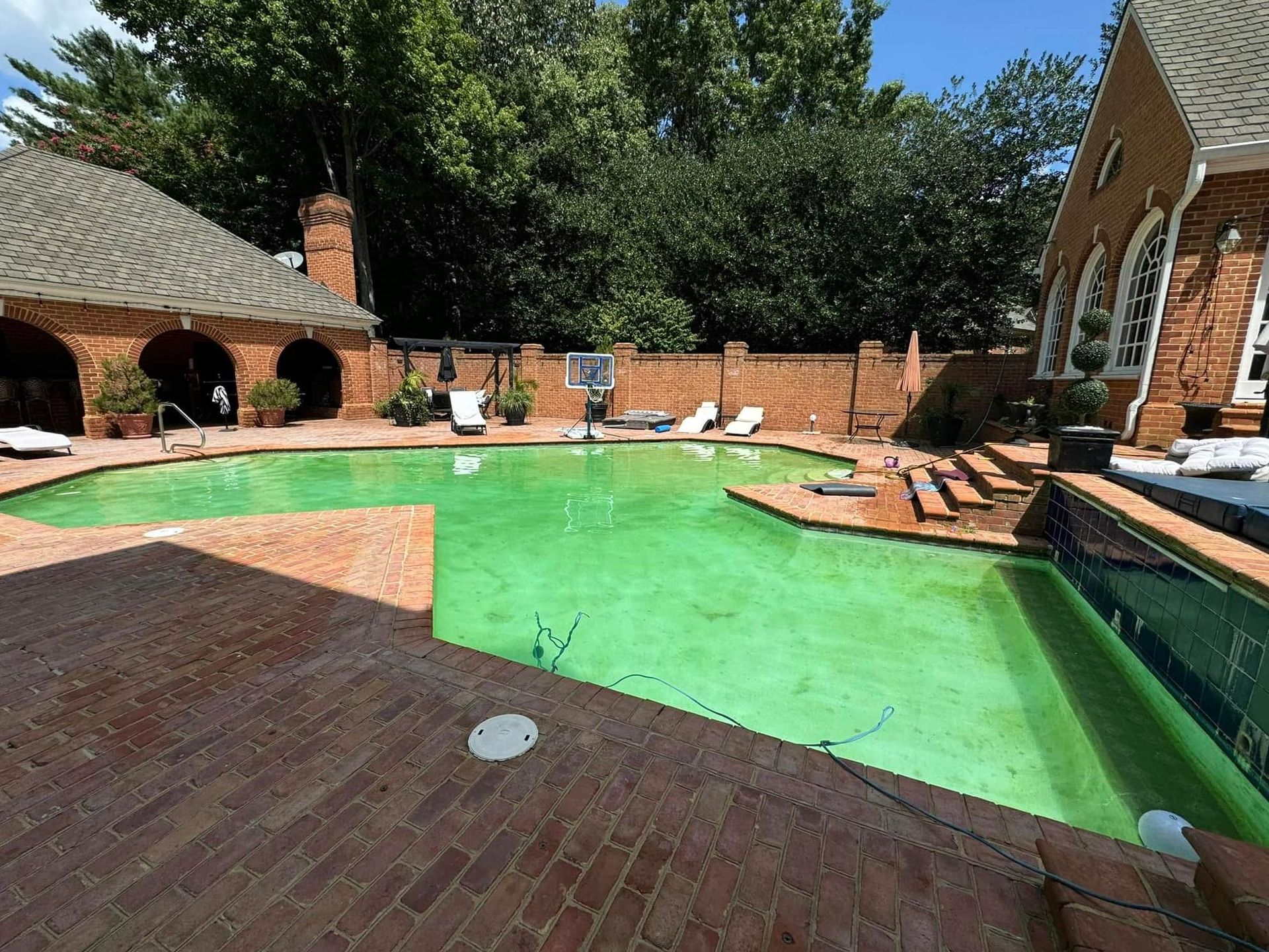 Backyard pool with green water, brick patio, lounge chairs, and a brick house in the background