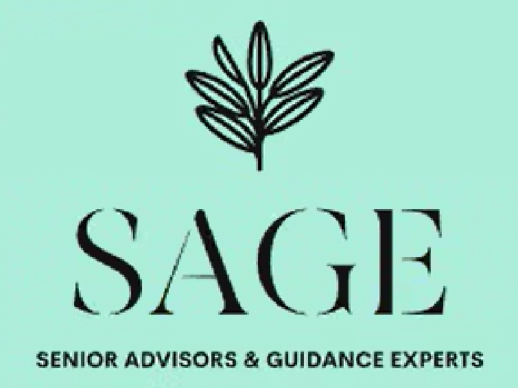 Sage Senior Advisors logo: Sage green background, black text and leaf illustration.