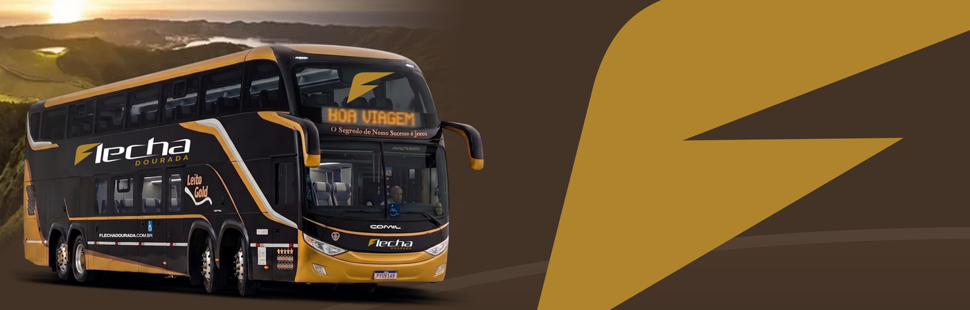 Ônibus preto trafegando em uma estrada marrom, com um grande logotipo dourado do lado direito.