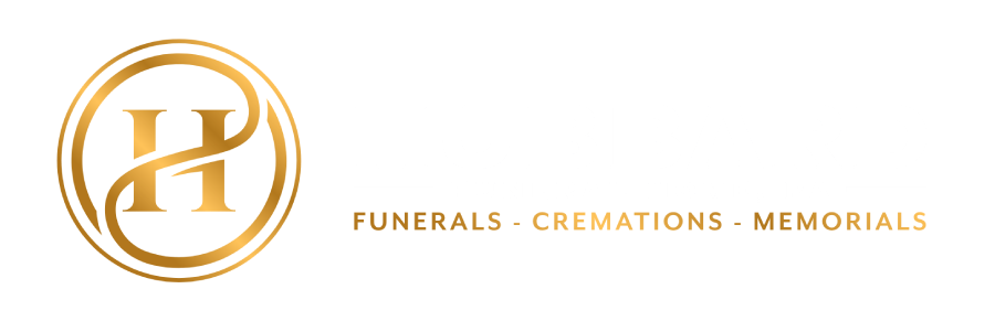 Gold logo with an ornate "H" within a circle; text below reads "FUNERALS • CREMATIONS • MEMORIALS."