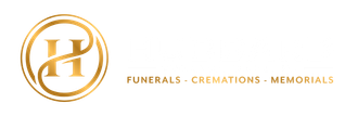 Gold logo with an ornate "H" within a circle; text below reads "FUNERALS • CREMATIONS • MEMORIALS."