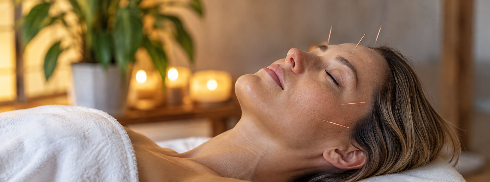 Woman lying face up on a massage table in a spa, eyes closed, with candles and plants in the background