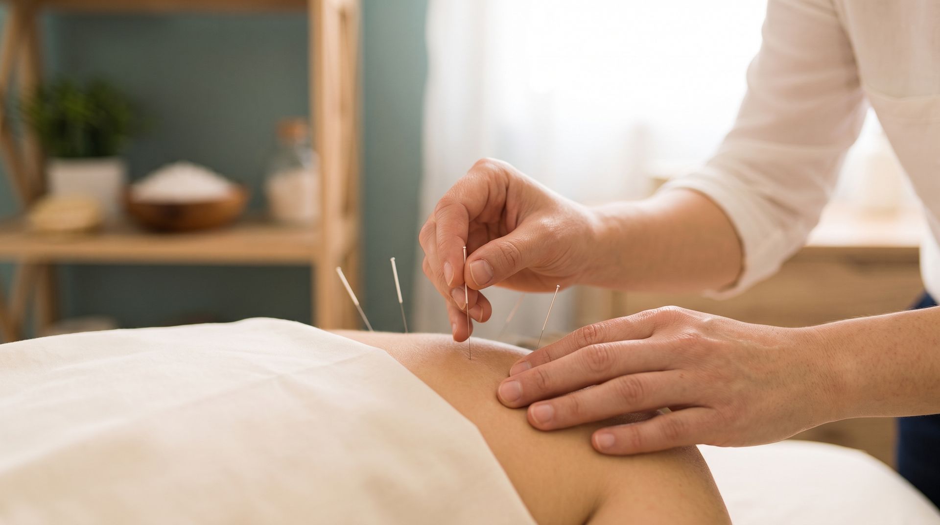 Acupuncturist inserting a thin needle into a person’s back during a treatment session