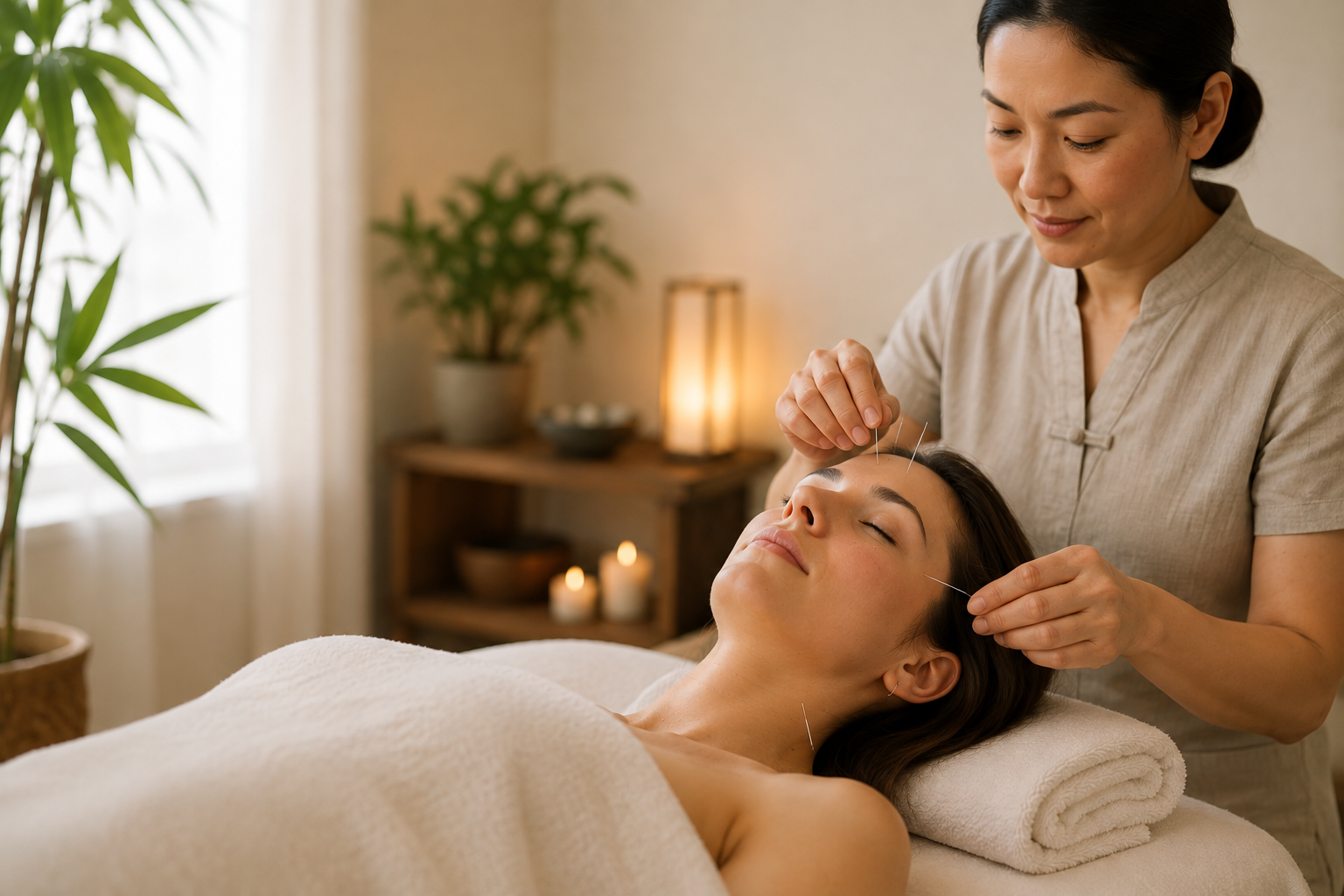 A woman receives a facial acupuncture from a spa therapist in a calm, softly lit treatment room.
