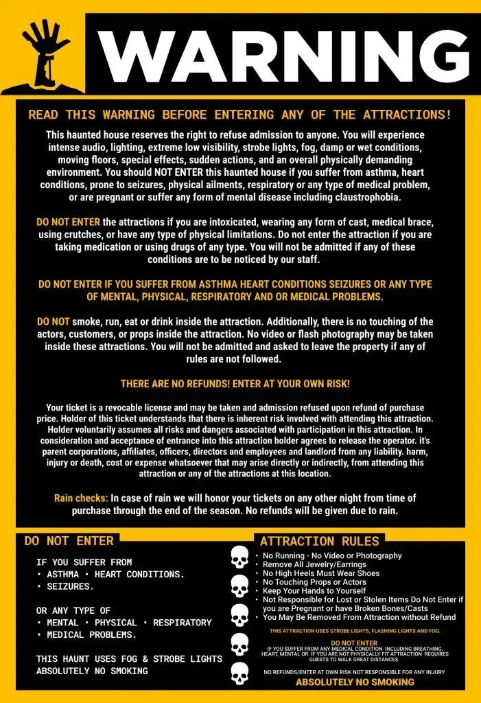 Warning sign with yellow and black, zombie hand, attraction rules.