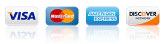 Logos of Visa, Mastercard, American Express, and Discover credit cards.
