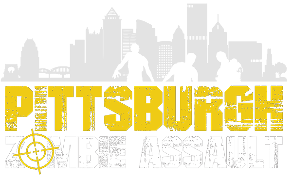 Pittsburgh Zombie Assault logo with city skyline, zombies, and a target symbol.