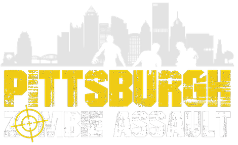 Pittsburgh Zombie Assault logo with city skyline, zombies, and a target symbol.