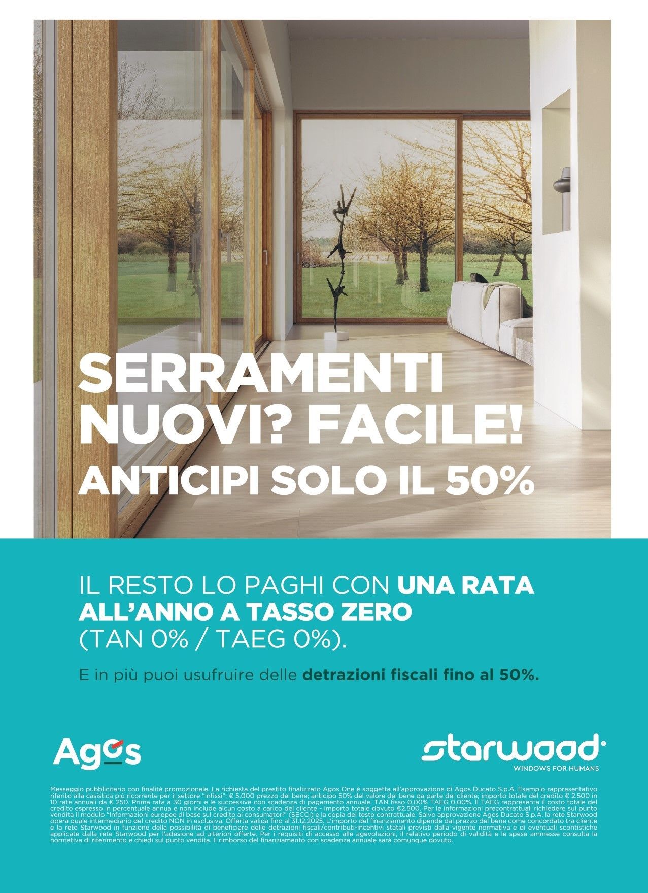 Annuncio per nuove finestre, con acconto del solo 50%. Offre un piano di rateizzazione a tasso zero.