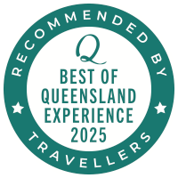 A circular green badge with white text reading 