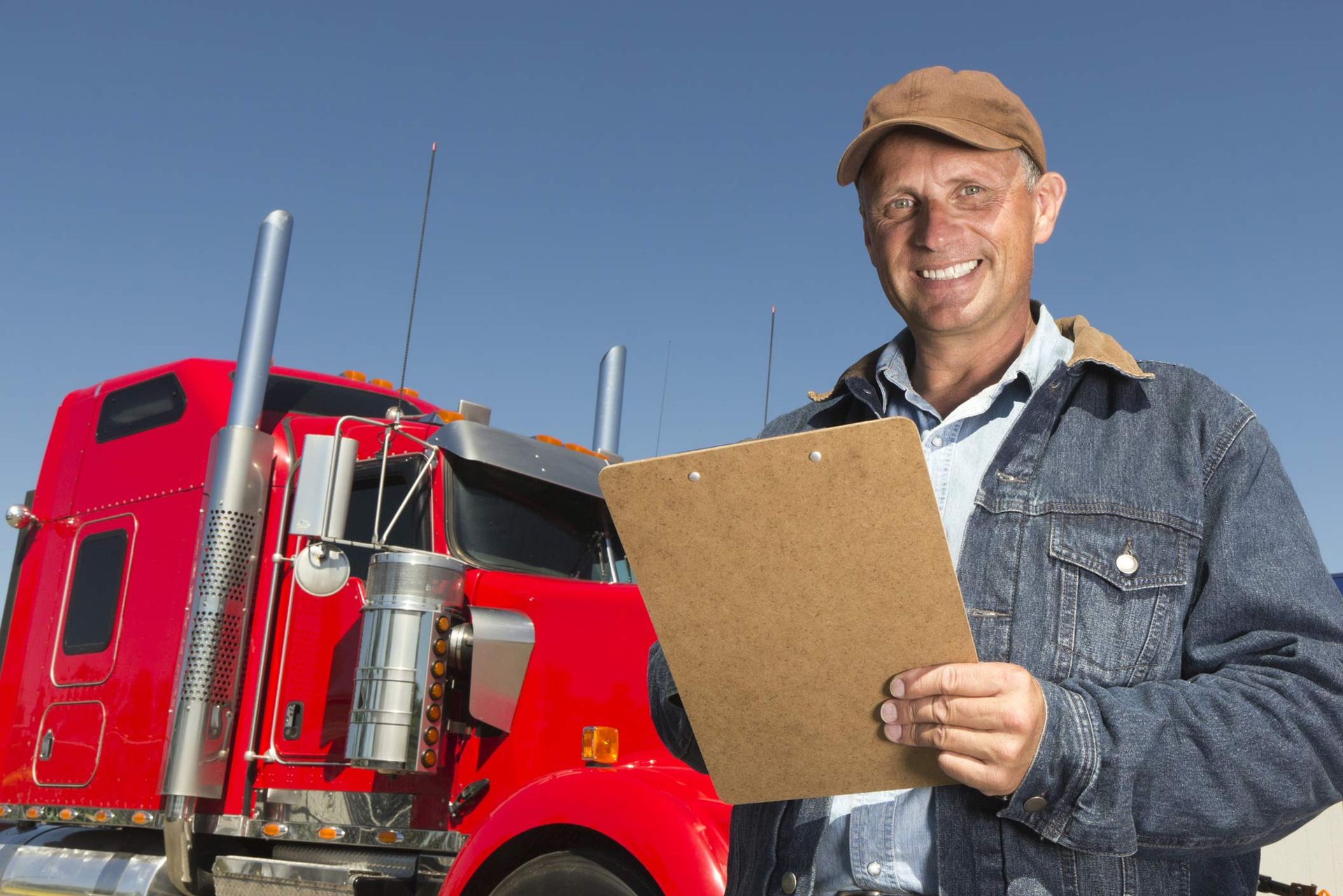 A man is holding a clipboard in front of a red semi truck