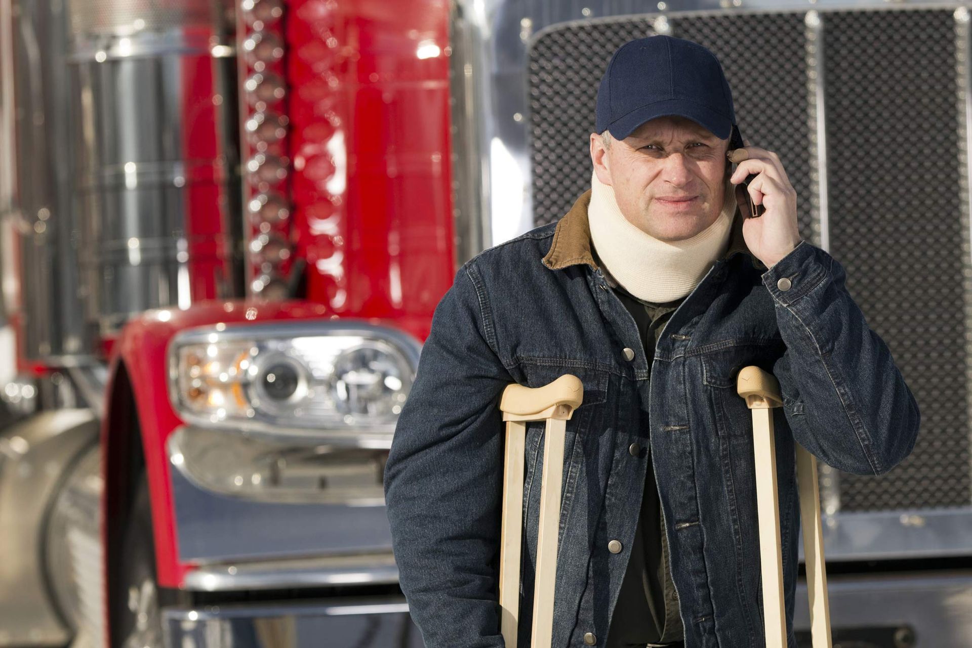 A man with crutches is talking on a cell phone in front of a truck