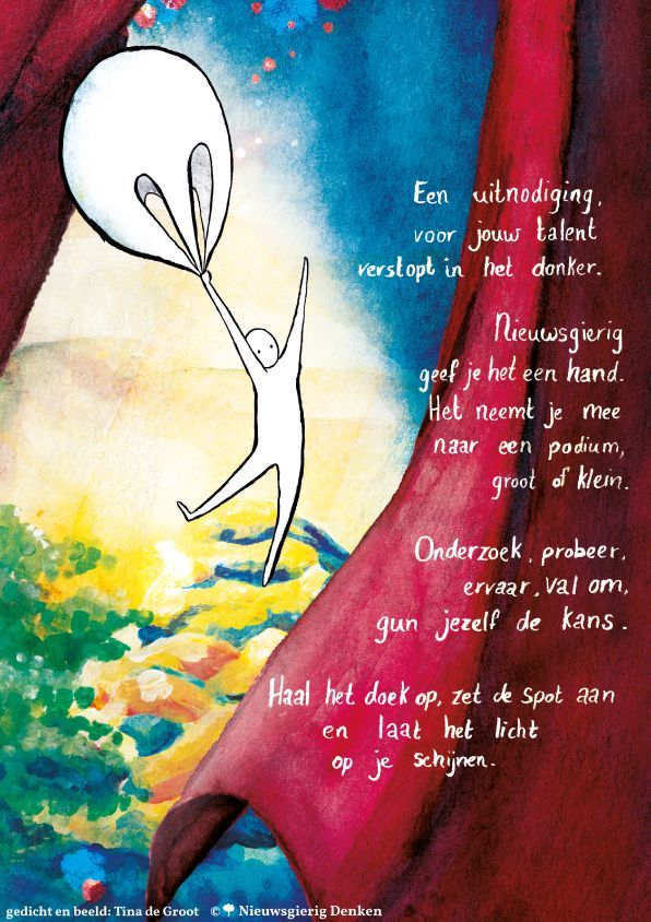 Poster met gedicht Kinderboekenweek 2026 spot aan nieuwsgierigheid Kinderboekenweek 2026 poster ‘Spot aan!’ met gedicht van en waterverfillustratie van Tina de Groot - Uitgegeven door Nieuwsgierig Denken