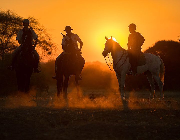 Three riders on horseback silhouetted at sunset in a dusty field