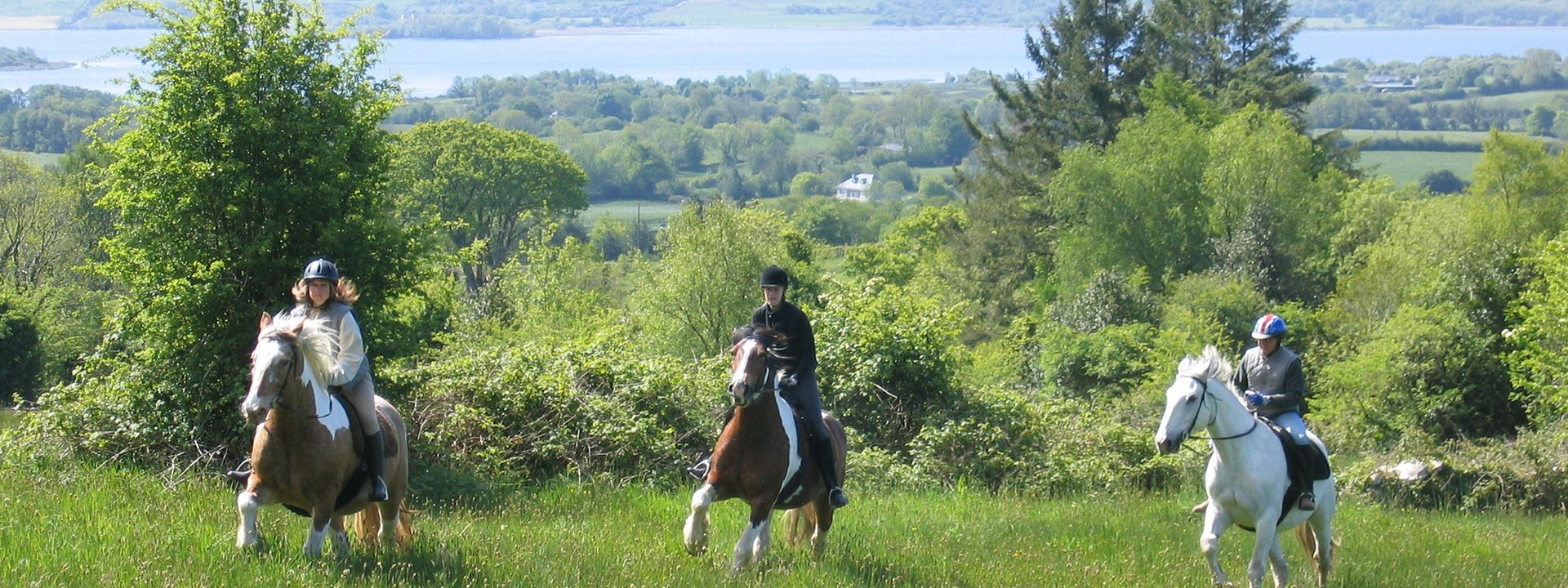 Three horseback riders on a grassy trail overlooking a lake and green hills