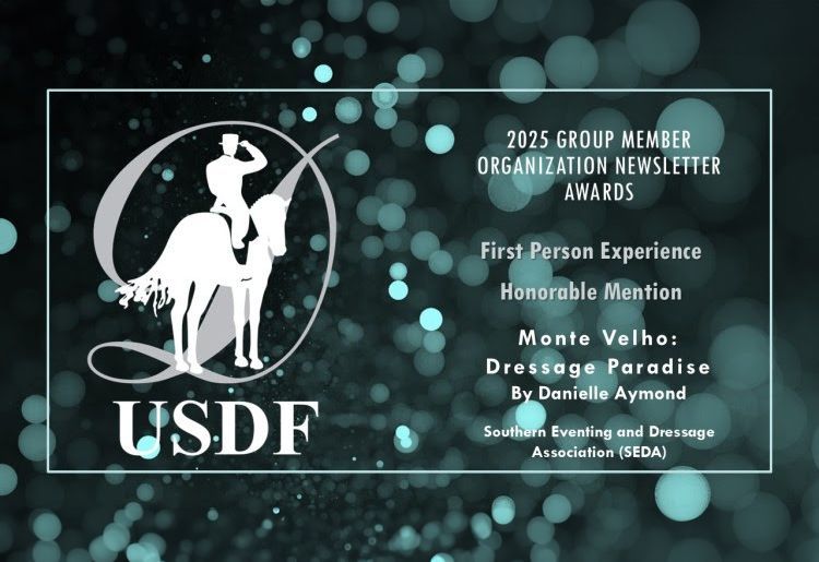 USDF award graphic on teal bokeh background, featuring a horse and rider logo with event recognition text.